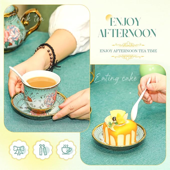 20 Pcs Porcelain Tea Set for Adults with Metal Holder and Spoon European Ceramic Tea Party Set Flower Painting Teapot Cup Saucer for Christmas Women Gifts, Serving 6 People(Modern) - Bloomnest