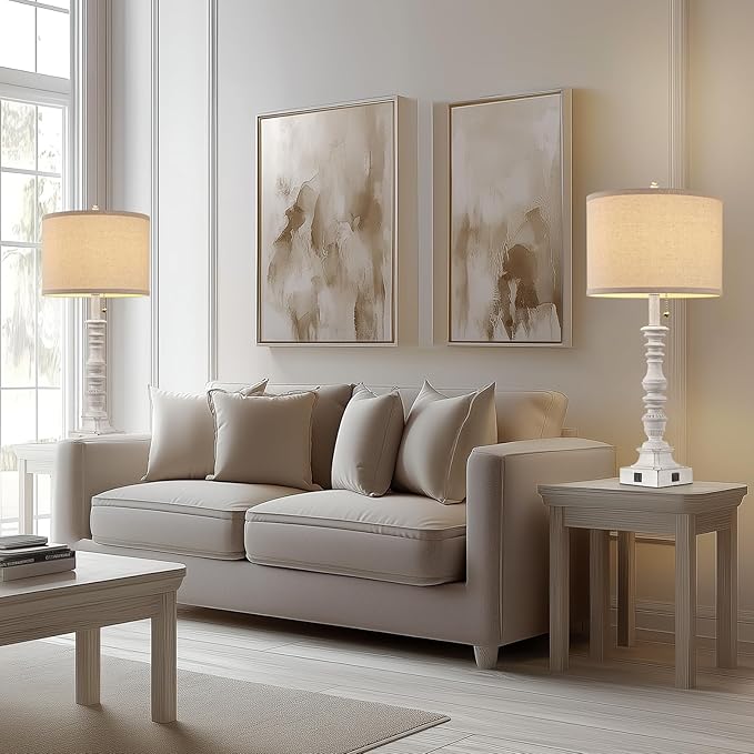 Farmhouse Table Lamps for Bedroom Set of 2, 29.5" Tall Rustic Bedside Lamp with USB Ports and AC Outlet, Vintage Nightstand Table Lamp for Living Room with Linen Drum Shade, White, Pull Chain - Bloomnest
