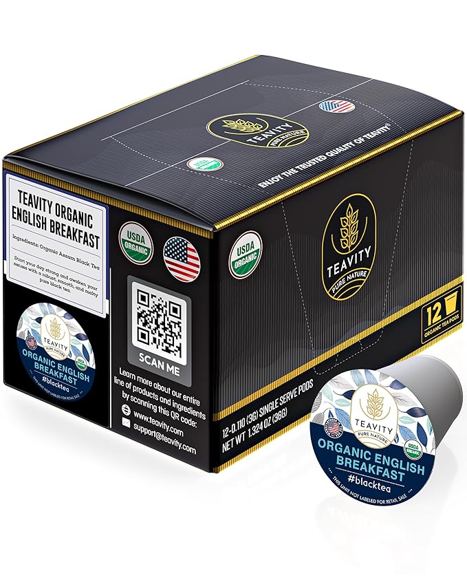 Organic English Breakfast Tea Pods for Keurig - Naturally Caffeinated Unsweetened Black Tea Pods by Teavity (12 Tea Pods) - Bloomnest