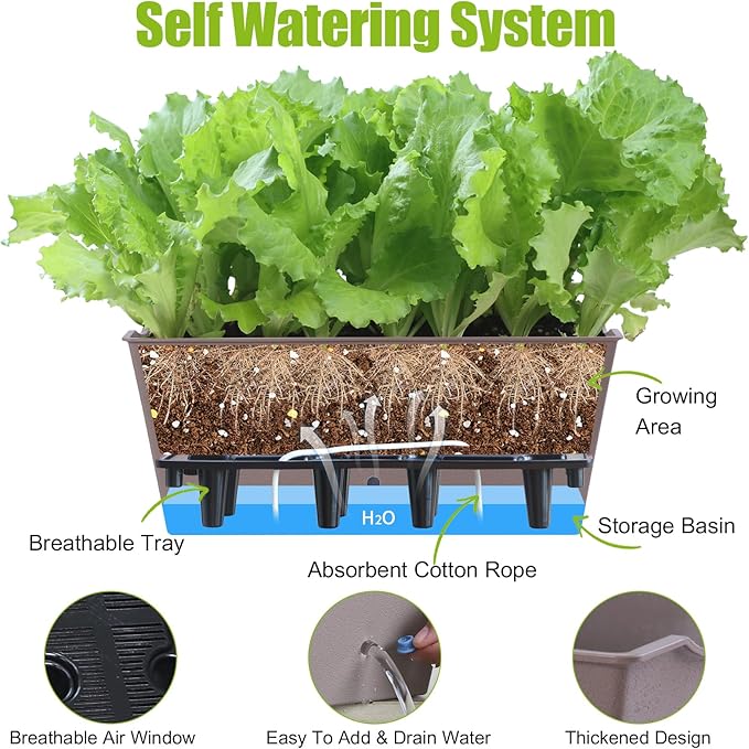 Window Box Planter 6 Pcs, 16.5 Inches Self Watering Rectangle Flower Plant Pots with Drainage Holes Trays, Vegetable Planters for Windowsill Patio Garden Balcony Porch Yard (Khaki) - Bloomnest