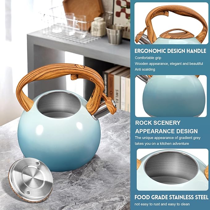 GGC Tea Kettle for Stove Top, 3.1QT/3L Whistling Tea Kettles for Boiling Water Coffee or Milk, Gradient Gray Tea Pot with Wood Parttern Handle, Stainless Steel Tea Pot for Home and Kitchen - Bloomnest