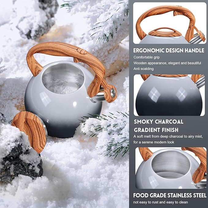 GGC Tea Kettle for Stove Top, 3.1QT/3L Whistling Tea Kettles for Boiling Water Coffee or Milk, Grey&Black Gradient kettle Pot with Wood Parttern Handle, Stainless Steel Pot for Home and Kitchen - Bloomnest