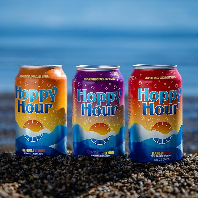 Hoppy Hour Sparkling Hop Water, Non-Alcoholic and Adaptogens Drink, Zero Sugar and Calories, Refreshing Blackberry Lemon Flavor, 12 oz Cans (12-Pack) - Bloomnest