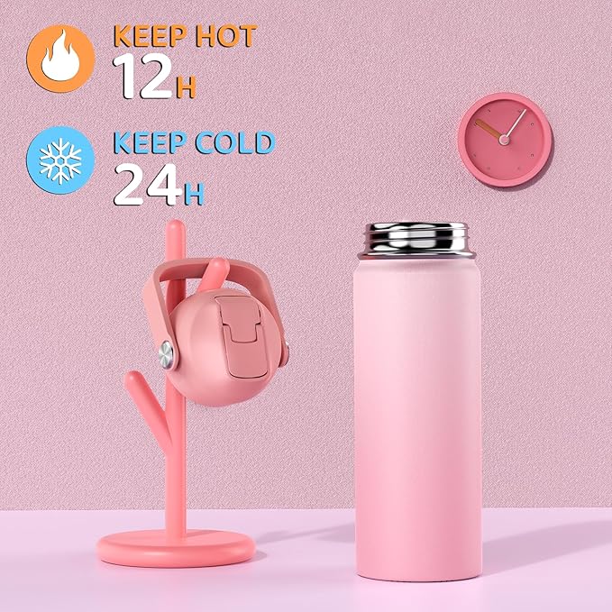 18oz Kids Insulated Water Bottle with Straw Lid - 18/8 Stainless Steel Kid Cup Travel Tumbler Double Wall Vacuum Leak Proof Portable Toddler Water Bottle (Pink+Purple） - Bloomnest