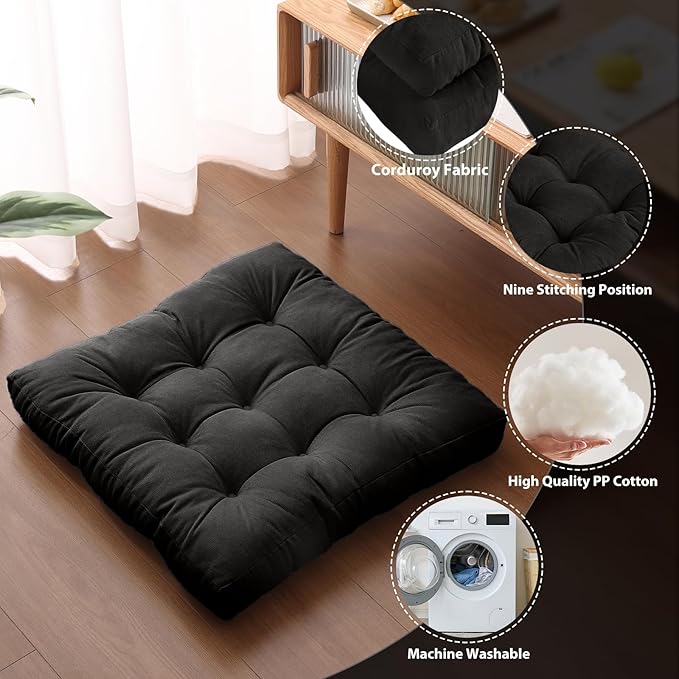 Tiita Square Floor Pillow, Thicken Tufted Seat Cushion, Floor Cushion for Yoga Meditation Living Room Balcony Office Outdoor, Set of 2, 22x22 Inch, Black