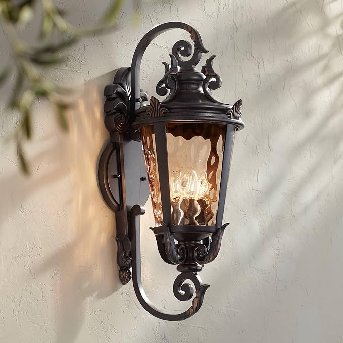 John Timberland Casa Marseille Vintage Outdoor Wall Light Fixture Veranda Bronze Scroll Frame 31" Champagne Hammered Glass for Exterior House Porch Patio Outside Deck Garage Yard Front Door - Bloomnest