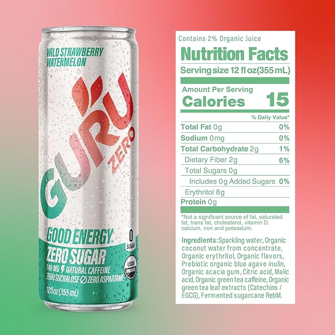 GURU ZERO SUGAR Wild Strawberry Watermelon Organic Energy Drinks, Clean Energy Drink with Plant Based Natural Caffeine from Green Tea, Coconut Water, Prebiotic, Zero Added sugars, Gluten Free and Vegan, Pre Workout, Healthy Drinks, 12oz (Pack of 24) - Bloomnest