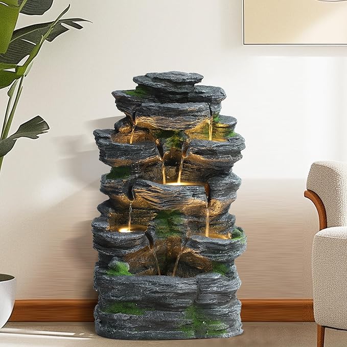 TITIMO 7-Tier Cascading Rock Water Fountain Outdoor Garden Waterfall with Lights,Fountain Indoor Decor for Garden, Patio, Backyard, Deck, Porch and Home Art Decor (24" H) - Bloomnest