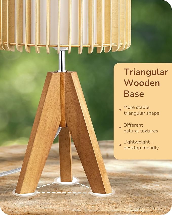EDISHINE 14.17" Small Table Lamp, Wood Tripod Bedside Lamp, Natural Wood-Colored Hollow & White PVC Shade, E26 Base, Boho Nightstand Lamp for Bedroom, Living Room, Office, Study - Bloomnest