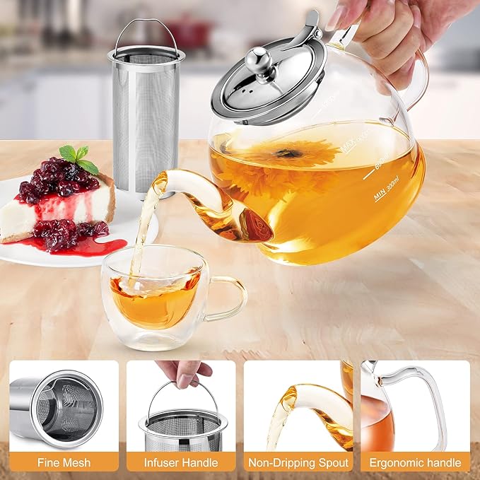 Glass Teapot, 40oz/1200ml Tea Pot with Removable Infuser for Loose Tea, Stovetop Safe Borosilicate Glass Tea Kettle with Strainer and Lid, Hand Crafted Clear Teapot with Scale Line, Tea Brewer Guide - Bloomnest
