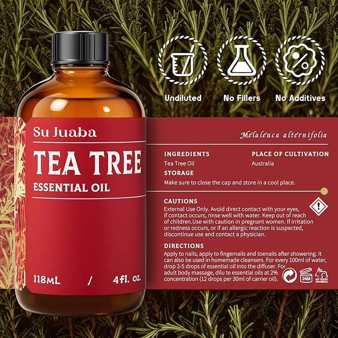 SU JUABA 4 Fl Oz Tea Tree Essential Oil, 100% Natural Aromatherapy Oil for Toenail, Skin, Face, Hair, Shampoo - 118ML Bloomnest