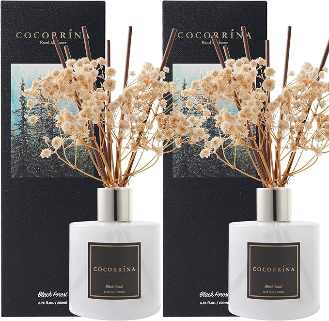 Cocorrína Premium Reed Diffuser Set with Preserved Baby's Breath & Cotton Stick Black Forest 2 Packs, 6.7oz Scent Fragrance Oil Diffuser for Bedroom Bathroom Home Décor - Bloomnest
