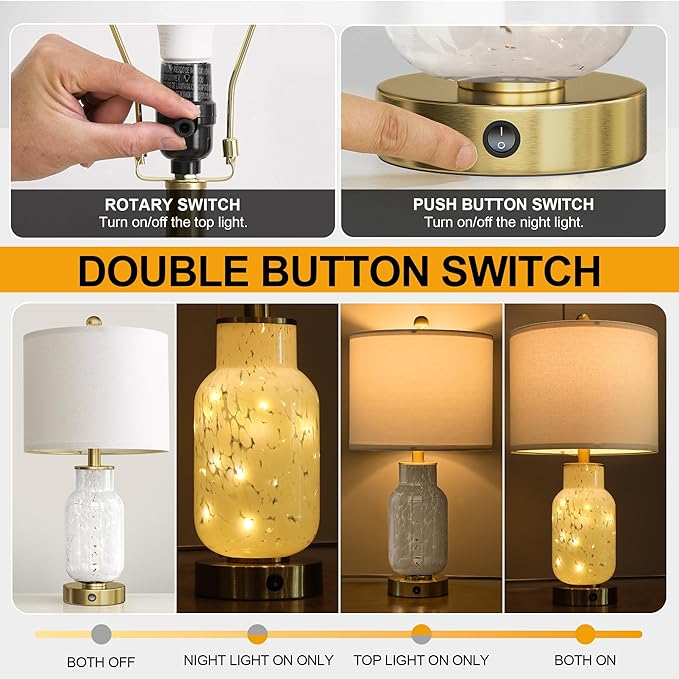 Oneach 22" Glass Table Lamps Set of 2, White Modern Bedside Lamp with LED Night Light for Living Room, Nightstand Lamp with USB Ports for Bedrooms, Study Room, End Table(2 Bulbs Included) - Bloomnest