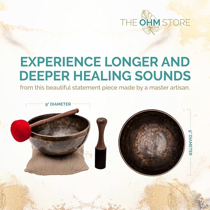 Large Tibetan Singing Bowl Set by Ohm Store — Saturn Pure Bronze Meditation Sound Bowl 9 Inches, 2 Mallets and a Cushion — Handcrafted Nepali Sound Bath Instrument (Saturn) - Bloomnest