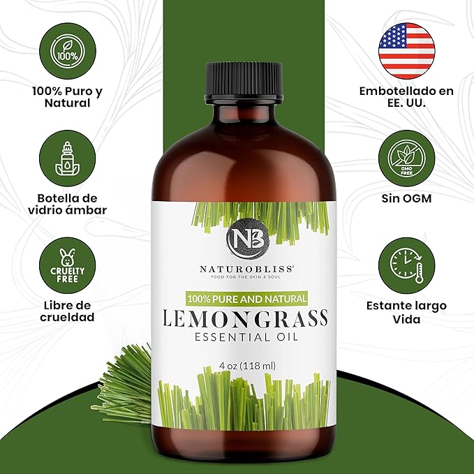 NaturoBliss 100% Pure Lemongrass Essential Oil Therapeutic Grade Premium Quality (4 fl. oz) with Glass Dropper, Perfect for Aromatherapy - Bloomnest