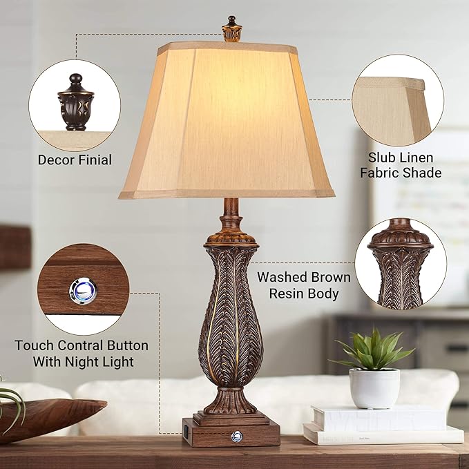 3-Way Dimmable Table Lamps for Bedrooms Set of 2, 30" H Touch Lamps for Living Room with USB & Type-C Ports, Brown Mermaid Bedside Lamp for Nightstand, Resin Farmhouse Rustic Lamp with 2 Bulb - Bloomnest
