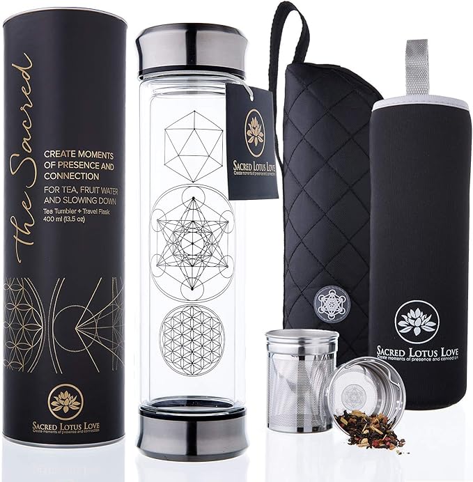 Sacred Lotus Love Double-Walled Glass Tea Infuser Bottle - Portable Travel Mug with Strainer and Sleeve for Loose Leaf Tea, Coffee, Smoothies - Insulated Tumbler with Lid for Hot and Iced Beverages