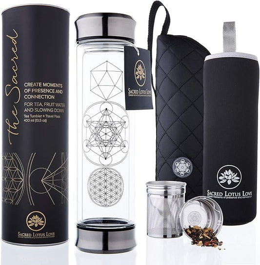 Sacred Lotus Love Double-Walled Glass Tea Infuser Bottle - Portable Travel Mug with Strainer and Sleeve for Loose Leaf Tea, Coffee, Smoothies - Insulated Tumbler with Lid for Hot and Iced Beverages