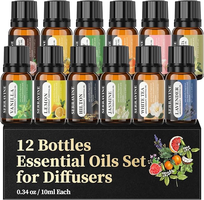Perfect for Diffusers – 12 Natural Essential Oils Set with Gift Box & Bag | Lavender, Vanilla, Rose, Peppermint & More | Ideal for Aromatherapy, Relaxation & Home Use - Bloomnest