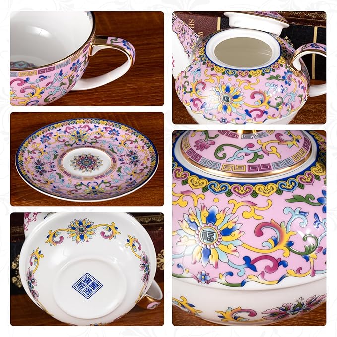 Tea for One, Porcelain Teapot and Cup Set, Vintage Tea Pot and Saucers Set, Ceramic Tea Set for Tea Party, Office and Home, Pink Tea Cups and Saucer Set for Coffee, Cappuccino, Tea - Bloomnest