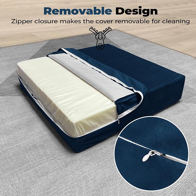 Large Floor Pillows for Adults, Thick Meditation Floor Cushions for Sitting Yoga, 22x22x5 Foam Seat Cushions Set of 2 for Furniture, Floor Pillow with Pleated Velvet Removable Cover, Navy