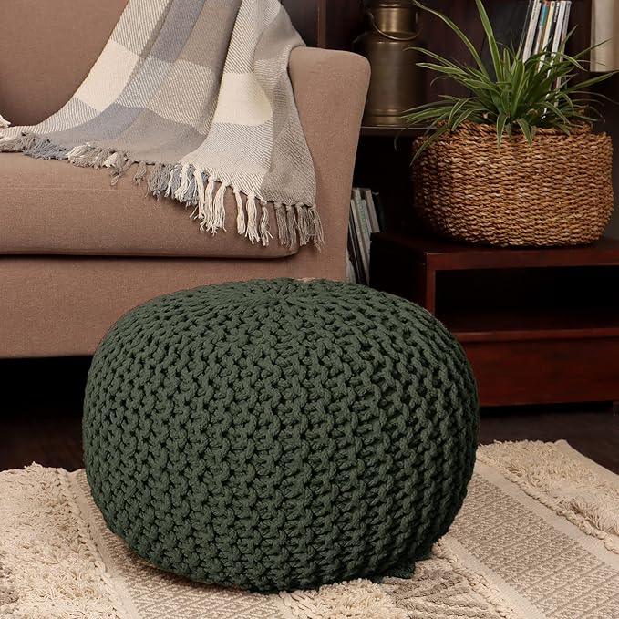 REDEARTH Round Hand Knitted Pouf - Foot Stool Bean Bag Ottoman - Cord Boho Pouffe - Poof Accent Beanbag Footrest for Living Room - Bedroom - Patio - Lounge (19.5"x19.5"x14") - Olive - Bloomnest