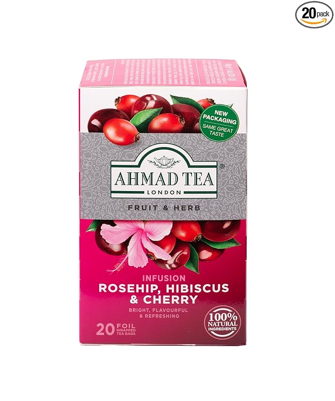 Ahmad Tea Herbal Tea, Rosehip, Hibiscus, & Cherry, 20 ct (Pack of 1) - Decaffeinated & Sugar-Free - Bloomnest