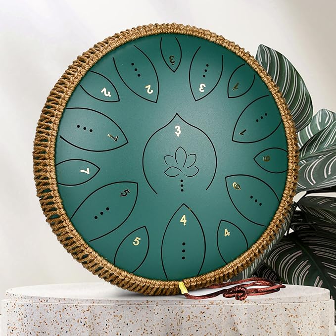 Steel Tongue Drum 13 Inches 15 Notes, Hand Pan Drums for Adults 440hz, C Major Handpan Musical Instrument with Song Book, Mallets and Carry Bag, Green - Bloomnest
