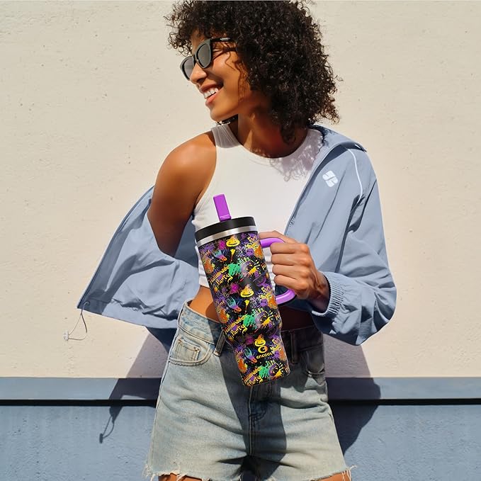 ENCOOL 40 oz Tumbler with Handle and Straw: Stainless Steel Insulated Tumbler Keeps Cold for 24 Hours, Leakproof Travel Cup Fits in Cup Holder and BPA-Free, Ghost Party ENCOOL