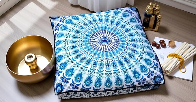 INDIAN CRAFT CASTLE 24" Green Peacock Mandala Barmeri Large Floor Pillow Cover Cushion Meditation Seating Ottoman Throw Cover Hippie Decorative Zipped Bohemian Pouf Ottoman Pom Pom Cases 24" Square - Bloomnest