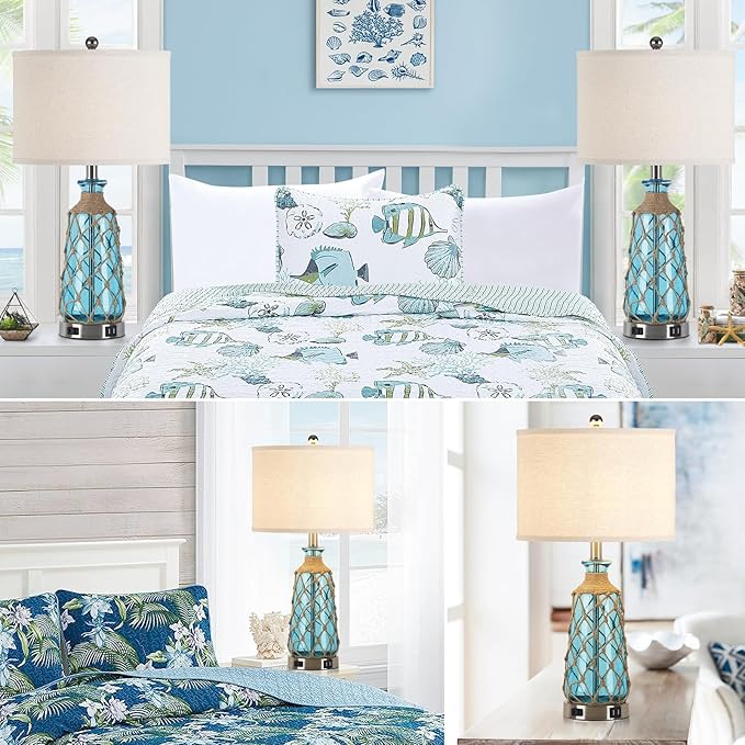25.5" Coastal Glass Table Lamps Set of 2, 3-Way Dimmable Touch Control Bedside Lamps with 2 USB Ports and AC Outlet, Blue Nautical Nightstand Lamps for Bedroom Living Room (LED Bulbs Included) - Bloomnest