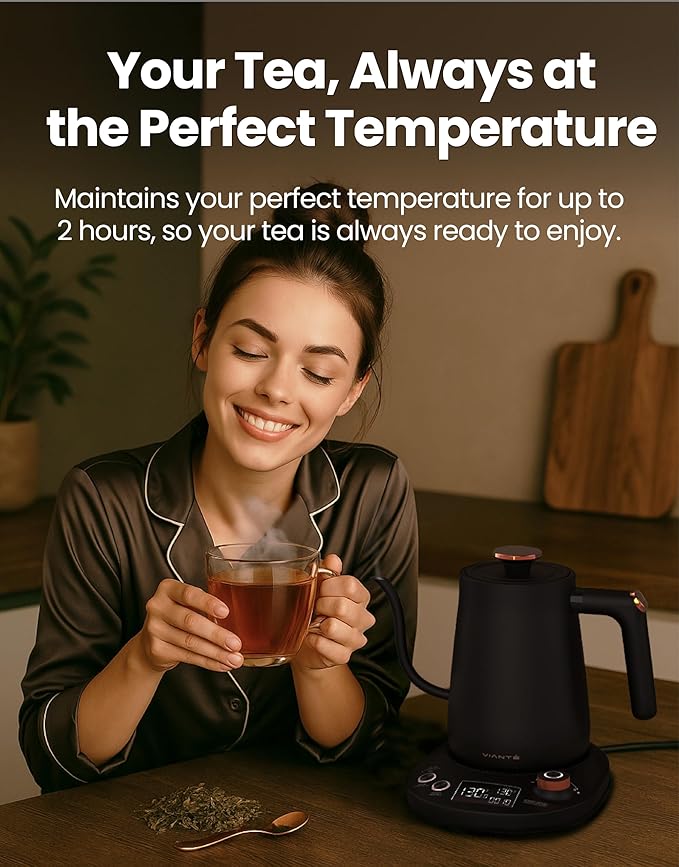Vianté Electric Gooseneck Kettle with Precise Temperature Control. Pour Over Coffee & Tea Kettle. Boil-Dry Protection & Keep Warm Function. Stainless Steel, BPA-Free. Includes V60#2 Filters. 0.8L - Bloomnest