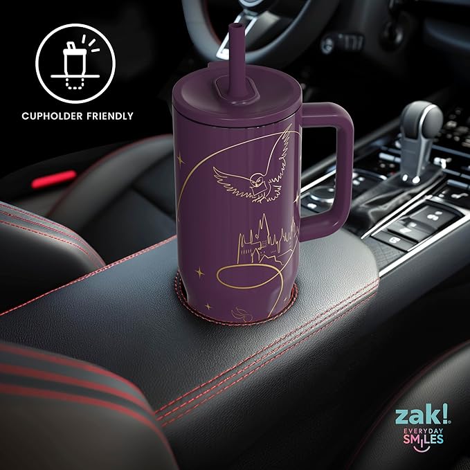 Zak Designs Harry Potter Sutton Travel Tumbler for On the Go, 30oz Stainless Steel with Vacuum Insulation, Silicone Straw, and Carry Handle for Cold Drinks (Hogwarts) - Bloomnest