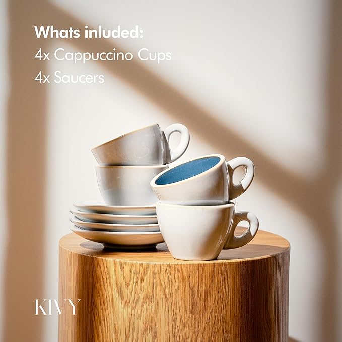 KIVY Cappuccino cups set of 4 [8oz] - Thick-walled stoneware cappuccino cup set for latte art - Latte mugs - Latte cups - Coffee mug - Latte art cup - Ceramic latte cup and saucer set of 4 - Blue - Bloomnest