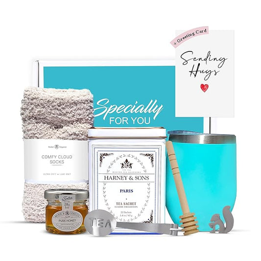 Tea Gift Set for Women – Thoughtful Get Well Gift Box with Cozy Socks, Stainless Tumbler, 20 Teaa Sachets, Honey Jar & Sending Hugs Card (Paris Tea - Cloud Socks) - Bloomnest