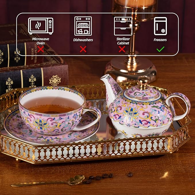 Tea for One, Porcelain Teapot and Cup Set, Vintage Tea Pot and Saucers Set, Ceramic Tea Set for Tea Party, Office and Home, Pink Tea Cups and Saucer Set for Coffee, Cappuccino, Tea - Bloomnest