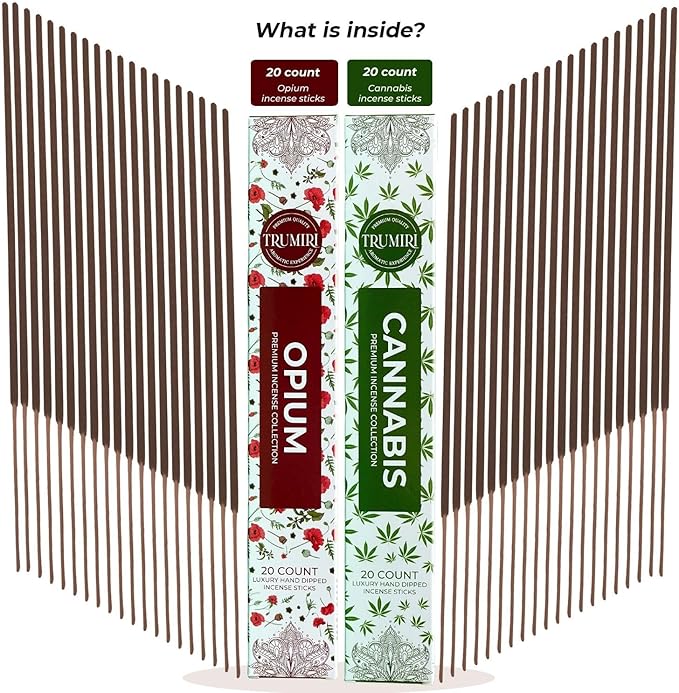 Trumiri Incense Sticks - Combo Pack of 40 Insence-Sticks - 20 Opium + 20 Cannabis - Insenses - Insents - Incents - Inscense - Incence - Incienso - All Natural Incense Sticks TRUMIRI