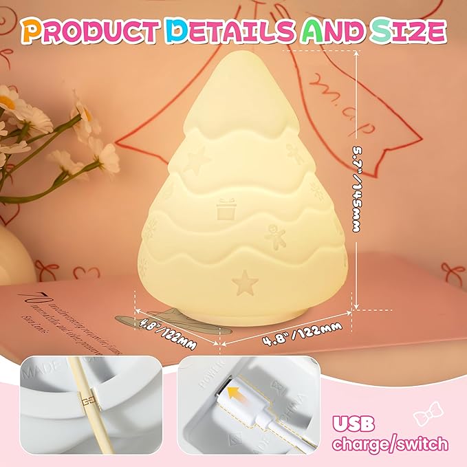 Night Light for Kids, Rechargeable Dimmable Silicone LED Nightlight with 7 Colors, Baby Nursery Night Lamp, Touch Squishy Lamp, Cute Gifts for Girls, Boys, Toddler Room Decor, Christmas Tree - Bloomnest
