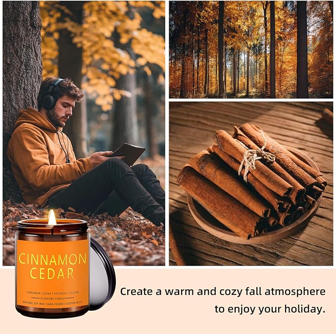 Fall Candles, Cinnamon & Cedar Scented Soy Candles, Autumn/Holiday/Halloween/Birthday/Christmas Gifts for Women & Men, 50-Hours Burning Time (7Oz) - Bloomnest