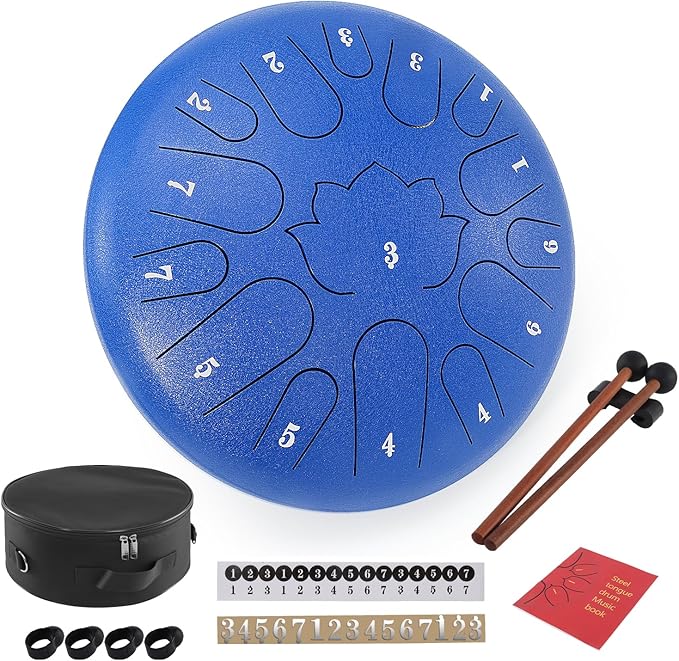 Steel Tongue Drum, 12 Inches 15 Notes Hand Pan Drum, Steel Drum, with Music Book, Handpan Drum Mallet, and Carry Bag (Blue, 12 Inch)