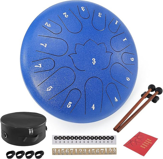 Steel Tongue Drum, 12 Inches 15 Notes Hand Pan Drum, Steel Drum, with Music Book, Handpan Drum Mallet, and Carry Bag (Blue, 12 Inch)