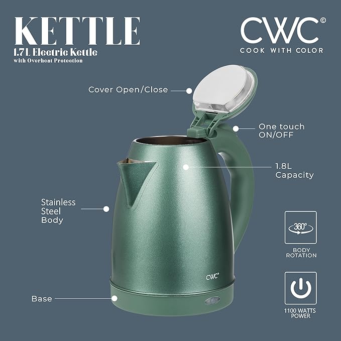 COOK WITH COLOR Electric Kettle - Rapid Boil, Sleek Design, and Safety Features - Great for Quick and Easy, Stainless Steel Sage, 1.7 Liters - Bloomnest