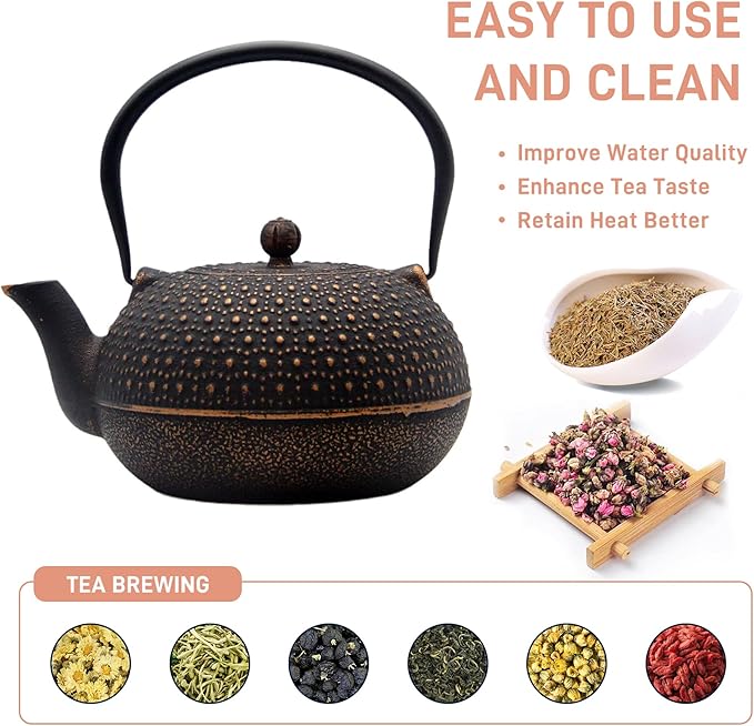 YJX 60.9oz Large Cast Iron Teapot for Stovetop Safe, 6 Cup Tea Kettle, Japanese Tetsubin, Teapot with Stainless Steel Infuser for Loose Tea, Tea Pot Enameled Interior (1.7QT/1.8L) - Bloomnest