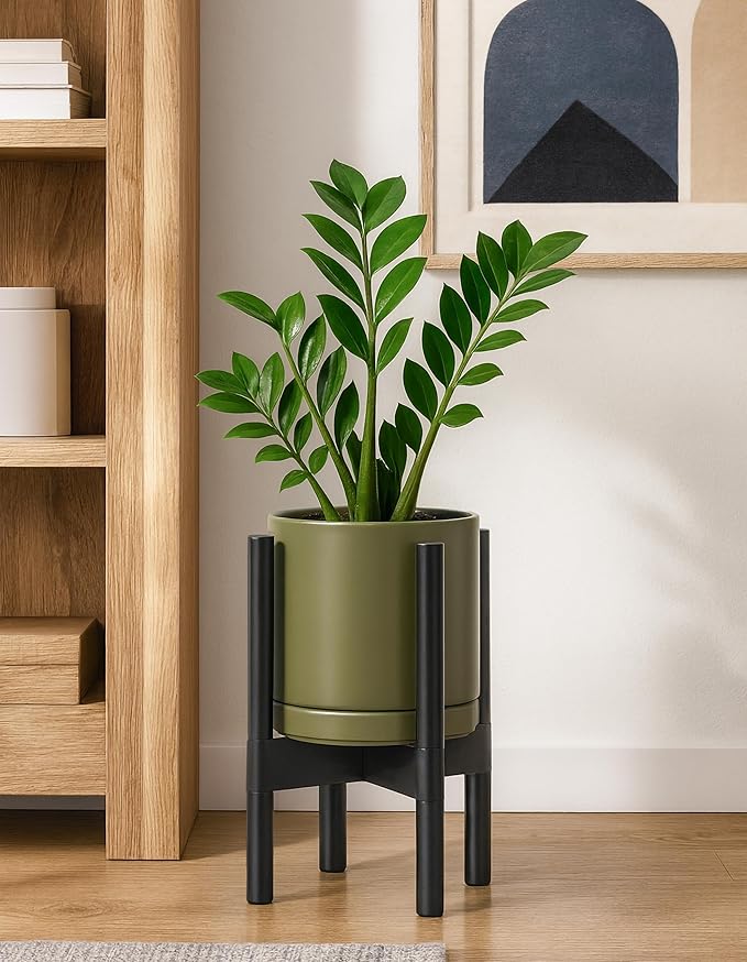 D'vine Dev Ceramic Planter with Ebony Stand - 8 Inch Modern Round Flower Pot with Wood Planter Holder, Olive, 55-B-M-J - Bloomnest