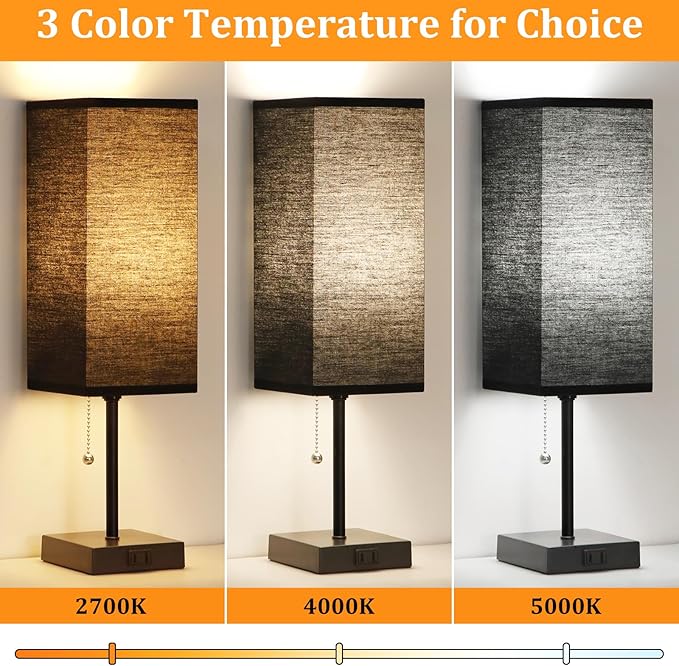 Table Lamp for Bedroom set of 2,3-Color Bedside Lamps with Pull Chain Table Lamps for Nightstand with AC Outlets,18'' Night Light Lamps with 2 Bulbs Lamps for Living Room Kids Office Decor（Black） - Bloomnest
