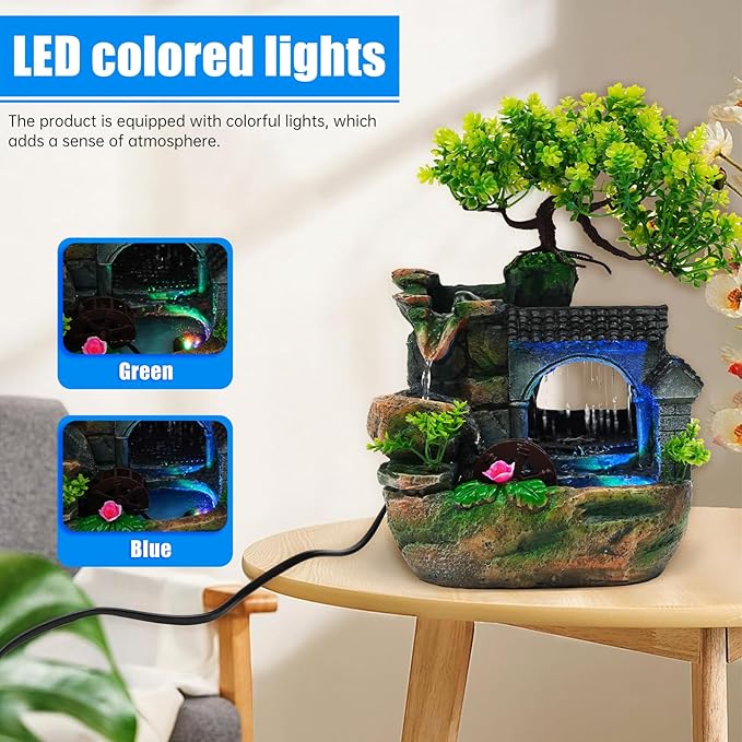 Tabletop Waterfall Fountain – 11 in Rockery Humidifier with Color-Changing LED Light, Adjustable Pump & Faux Bonsai Tree, Resin Indoor Desk Fountain Décor for Bedroom, Office, Aquarium, Meditation