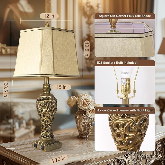 28.5'' Table Lamps Set of 2 for Living Room, Vintage Bedside Lamps with USB A+C Ports & Nightlight, Farmhouse Nightstand Lamps with Faux Silk Shade for Bedroom, Study Room, Office (LED Bulbs Included) - Bloomnest