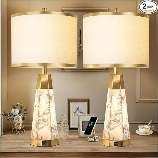 27" Natural Alabaster Table Lamps Set of 2 - Lamps for Living Room with Night Light, Bedside lamps with White Linen Shade, Nightstand Table Lamp with USB A+C Port for Bedroom Office (bulb included) - Bloomnest
