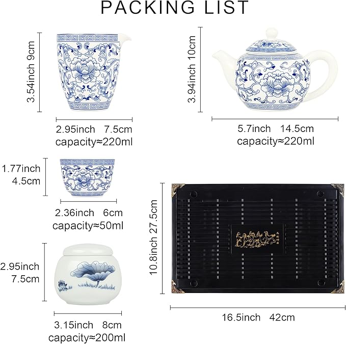 fanquare Kung Fu Tea Sets, Peony Pattern Blue and White Porcelain Teapot with Cups, Tea Tray, Chinese Tea Ceremony Set with Fair Cup, Tea Canister for Home Office and Gifts