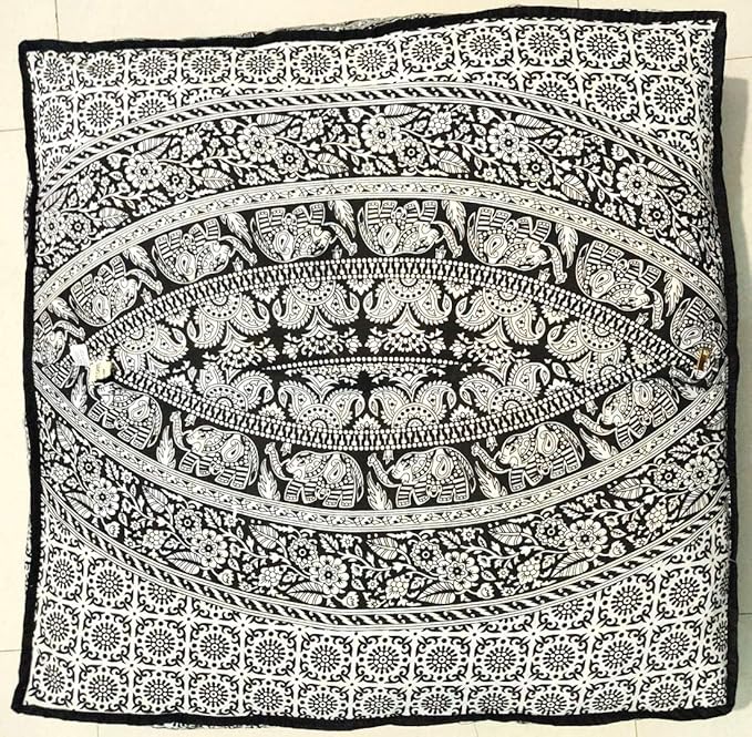 Black White Elephant Flower Mandala Mandala Barmeri Large Floor Pillow Cover Cushion Meditation Seating Ottoman Throw Cover Hippie Decorative Zipped Bohemian Pouf Ottoman Cases 24 " square - Bloomnest